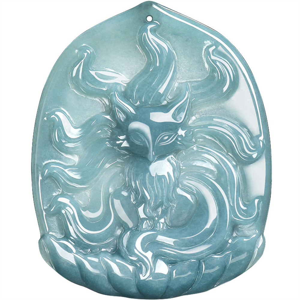 Natural Type A Untreated Blue Watery Guatemalan Jadeite Irregular Pendant With Nine Tailed Fox Carved,Amulet Pendant,DIY Jewelry Supplies