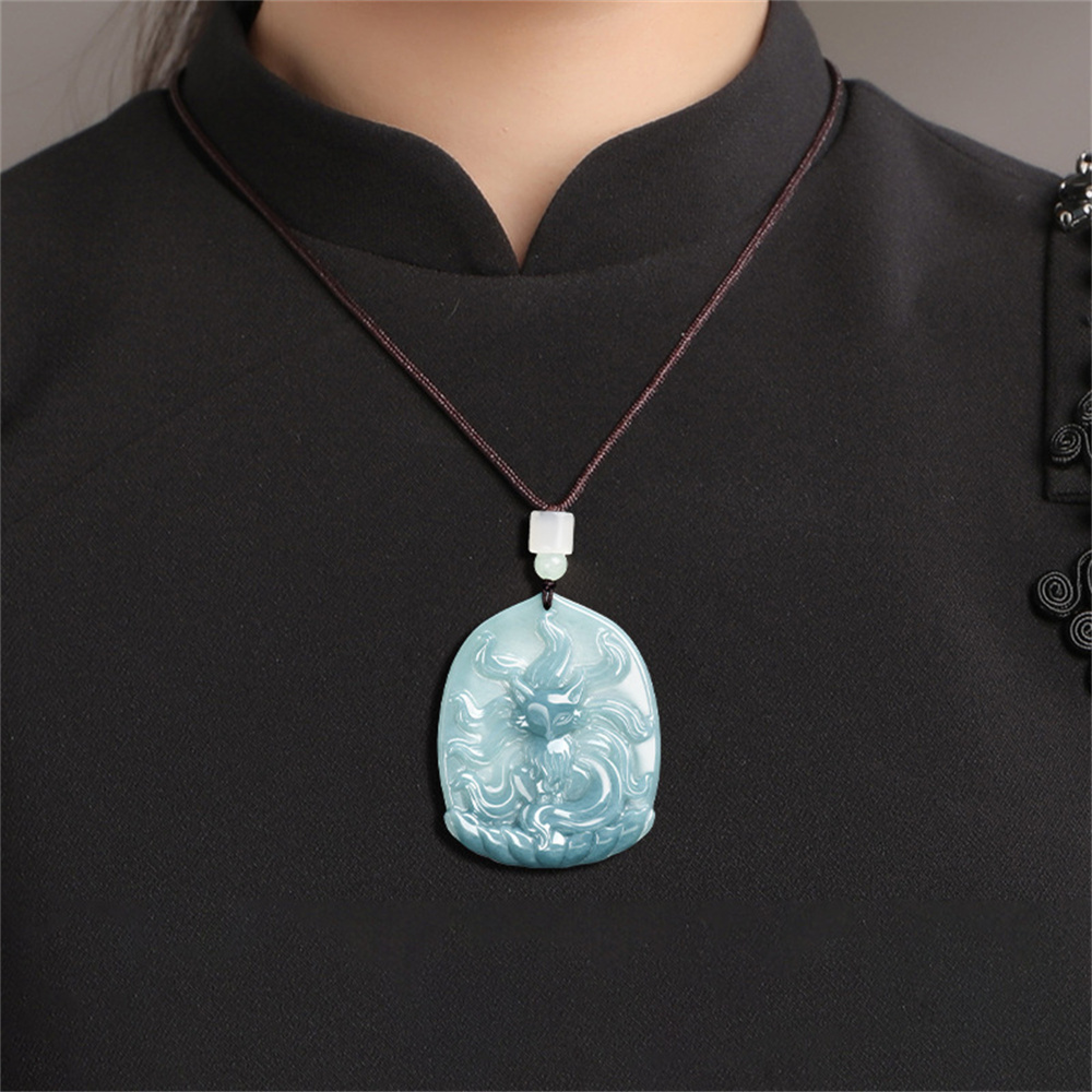 Natural Type A Untreated Blue Watery Guatemalan Jadeite Irregular Pendant With Nine Tailed Fox Carved,Amulet Pendant,DIY Jewelry Supplies
