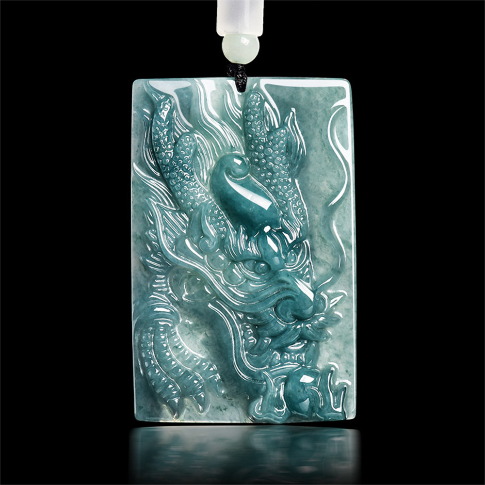 Natural Type A Untreated Blue Watery Guatemalan Jadeite Rectangle Pendant With Dragon Carved,Amulet Pendant,DIY Jewelry Supplies