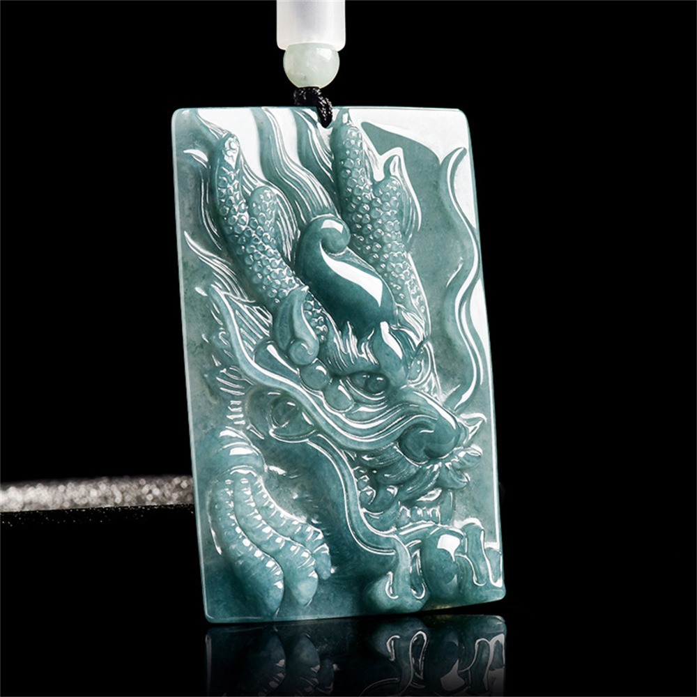 Natural Type A Untreated Blue Watery Guatemalan Jadeite Rectangle Pendant With Dragon Carved,Amulet Pendant,DIY Jewelry Supplies