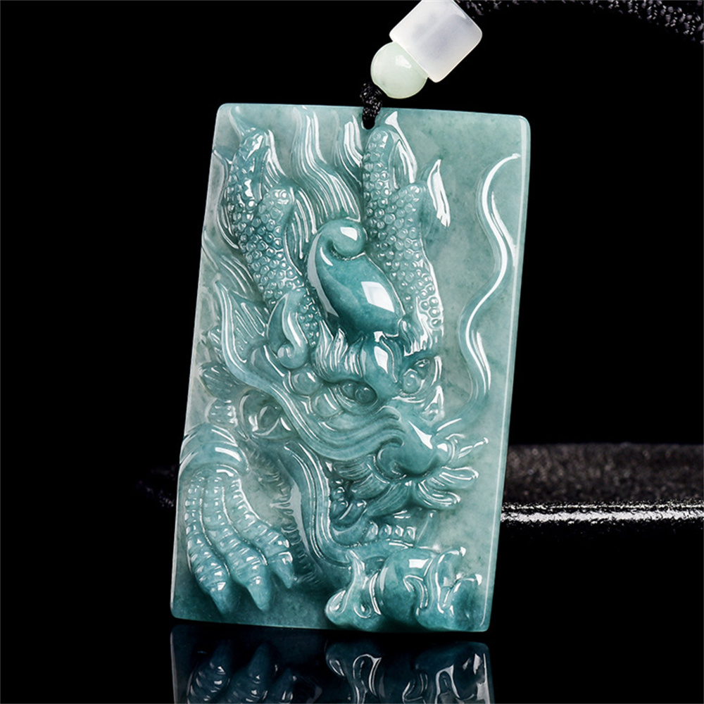 Natural Type A Untreated Blue Watery Guatemalan Jadeite Rectangle Pendant With Dragon Carved,Amulet Pendant,DIY Jewelry Supplies