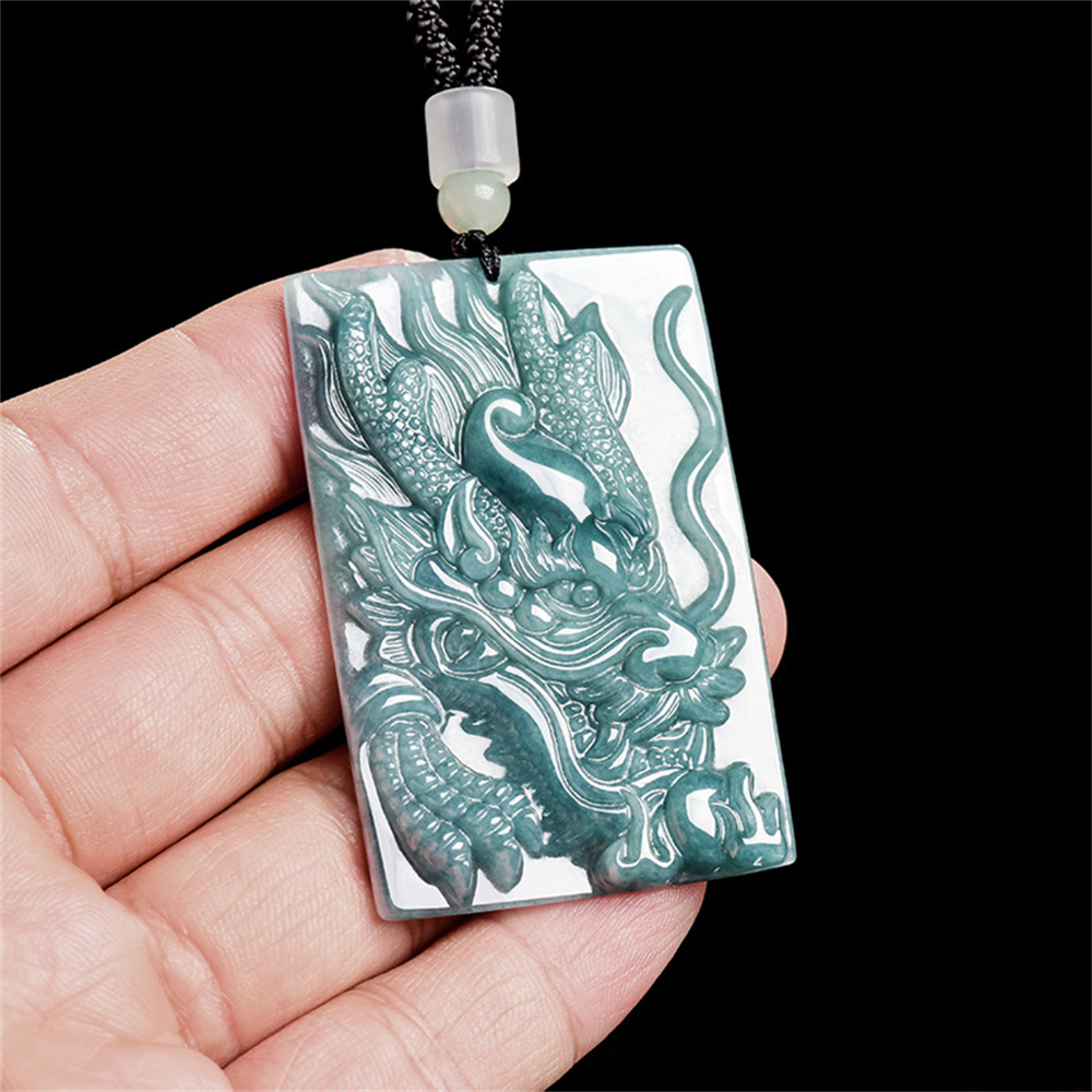 Natural Type A Untreated Blue Watery Guatemalan Jadeite Rectangle Pendant With Dragon Carved,Amulet Pendant,DIY Jewelry Supplies