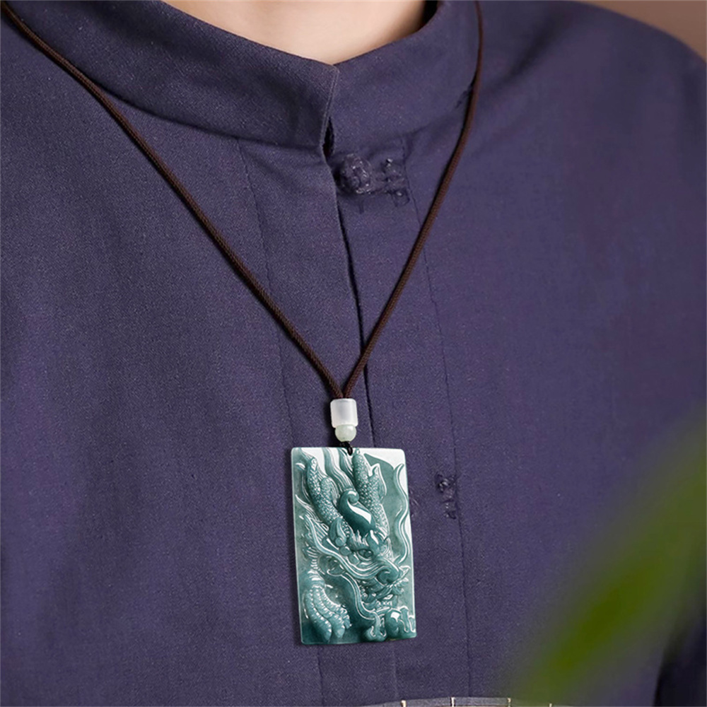 Natural Type A Untreated Blue Watery Guatemalan Jadeite Rectangle Pendant With Dragon Carved,Amulet Pendant,DIY Jewelry Supplies