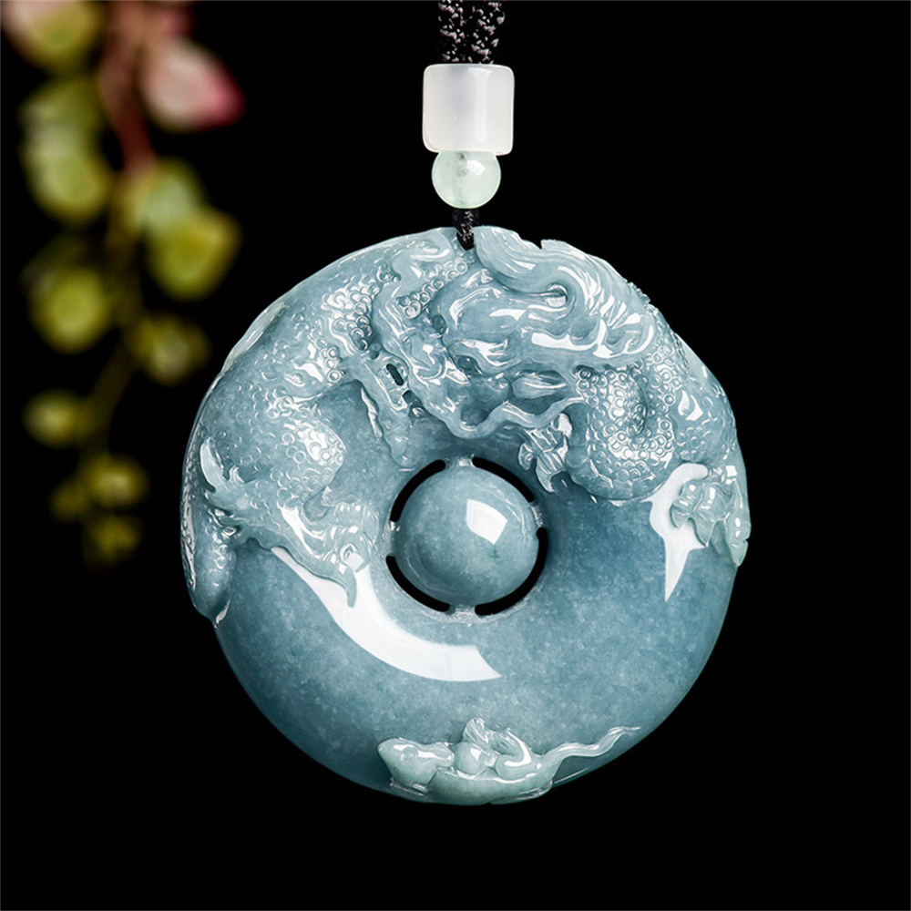 Natural Type A Untreated Blue Watery Guatemalan Jadeite Round Pendant With Dragon And Mouse Carved,Amulet Pendant,DIY Jewelry Supplies