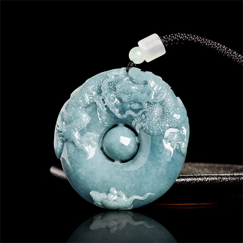 Natural Type A Untreated Blue Watery Guatemalan Jadeite Round Pendant With Dragon And Mouse Carved,Amulet Pendant,DIY Jewelry Supplies