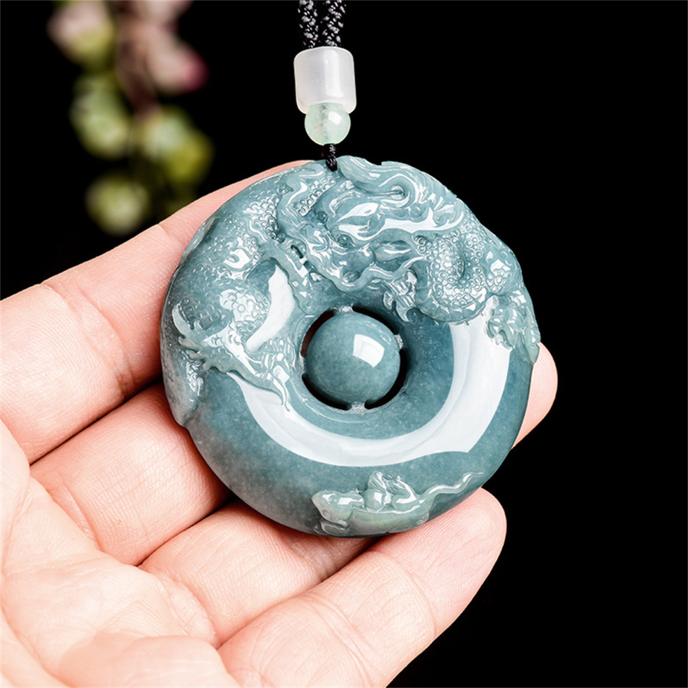 Natural Type A Untreated Blue Watery Guatemalan Jadeite Round Pendant With Dragon And Mouse Carved,Amulet Pendant,DIY Jewelry Supplies