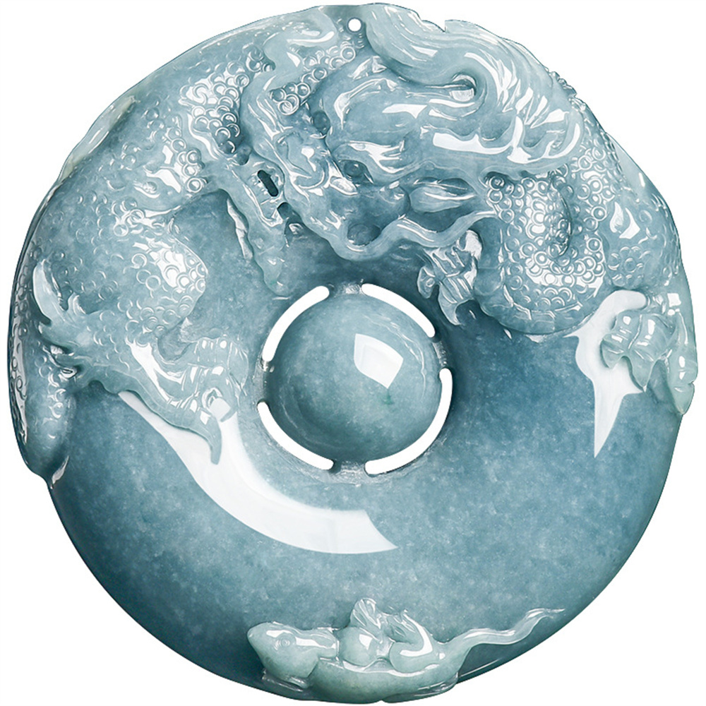 Natural Type A Untreated Blue Watery Guatemalan Jadeite Round Pendant With Dragon And Mouse Carved,Amulet Pendant,DIY Jewelry Supplies