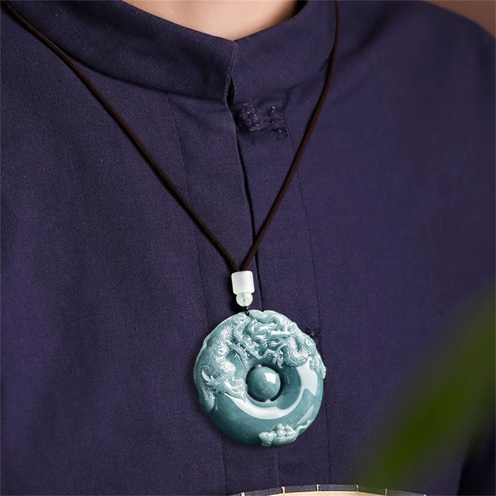 Natural Type A Untreated Blue Watery Guatemalan Jadeite Round Pendant With Dragon And Mouse Carved,Amulet Pendant,DIY Jewelry Supplies