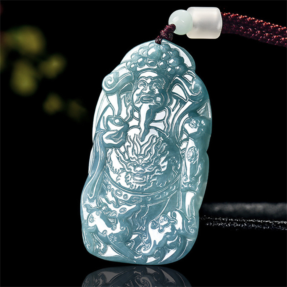 Natural Type A Untreated Blue Watery Guatemalan Jadeite Irregular Pendant With The God of Wealth Carved,Amulet Pendant,DIY Jewelry Supplies