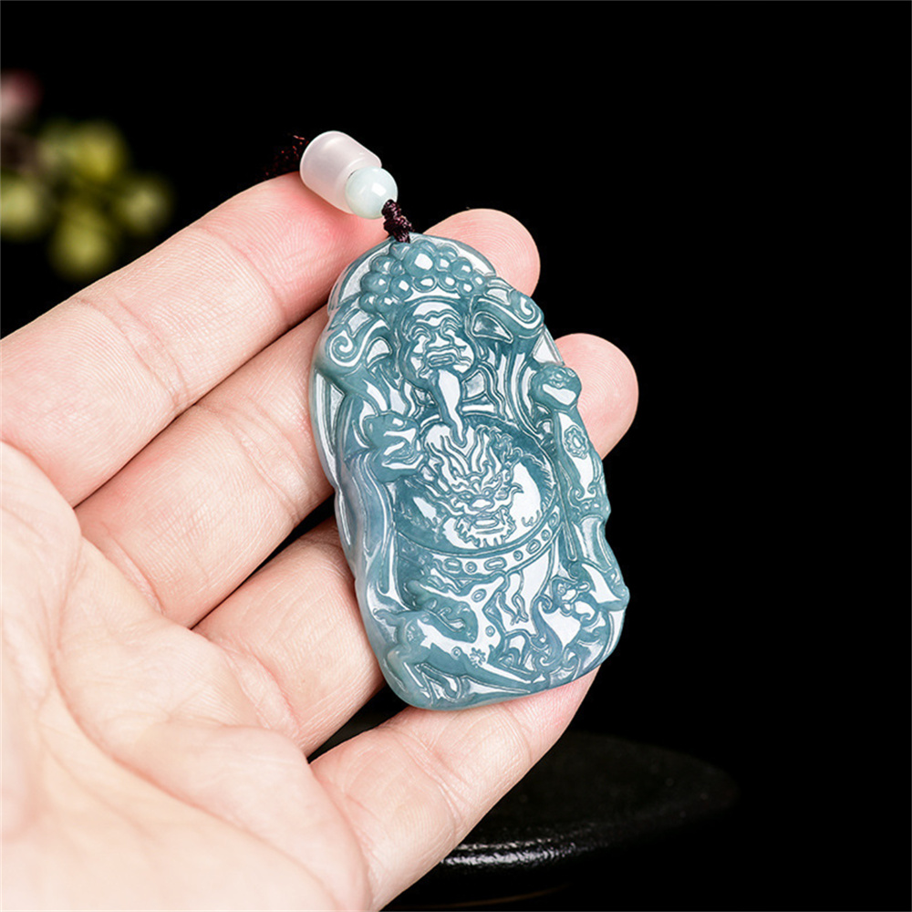Natural Type A Untreated Blue Watery Guatemalan Jadeite Irregular Pendant With The God of Wealth Carved,Amulet Pendant,DIY Jewelry Supplies