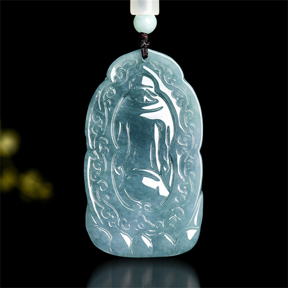 Natural Type A Untreated Blue Watery Guatemalan Jadeite Irregular Pendant With The God of Wealth Carved,Amulet Pendant,DIY Jewelry Supplies
