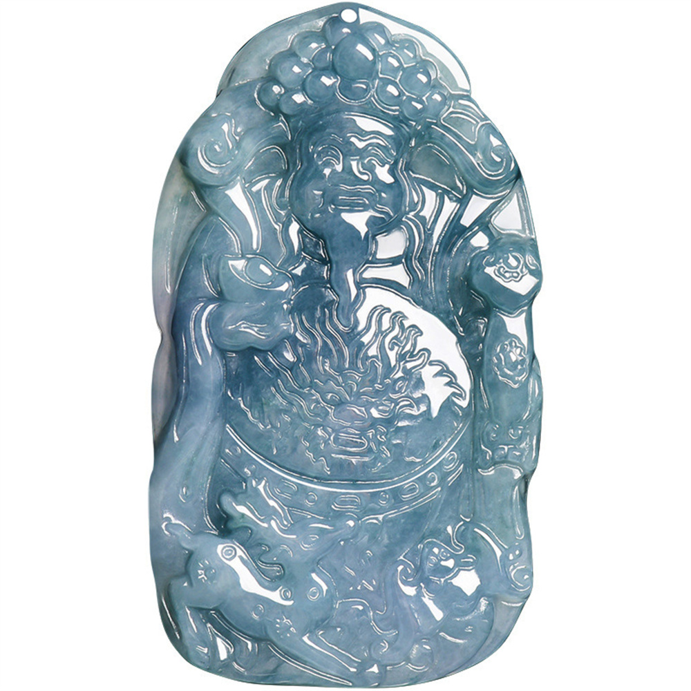 Natural Type A Untreated Blue Watery Guatemalan Jadeite Irregular Pendant With The God of Wealth Carved,Amulet Pendant,DIY Jewelry Supplies