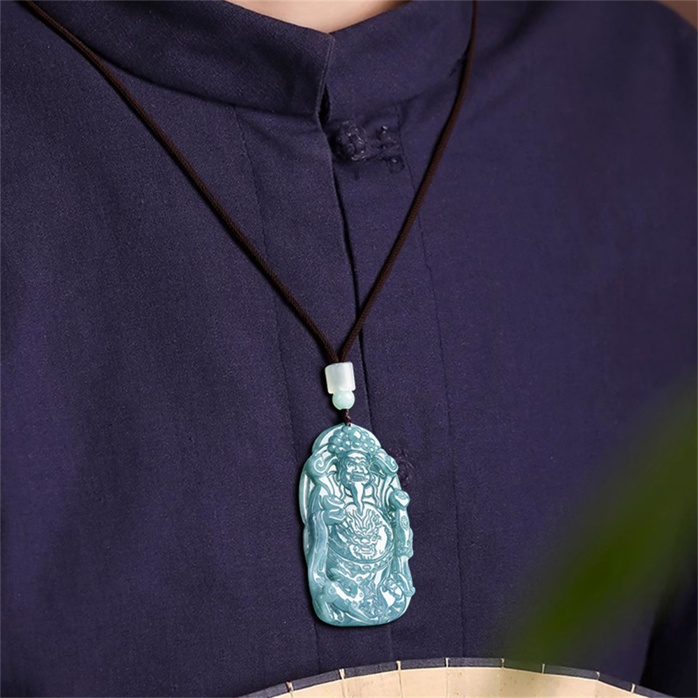 Natural Type A Untreated Blue Watery Guatemalan Jadeite Irregular Pendant With The God of Wealth Carved,Amulet Pendant,DIY Jewelry Supplies