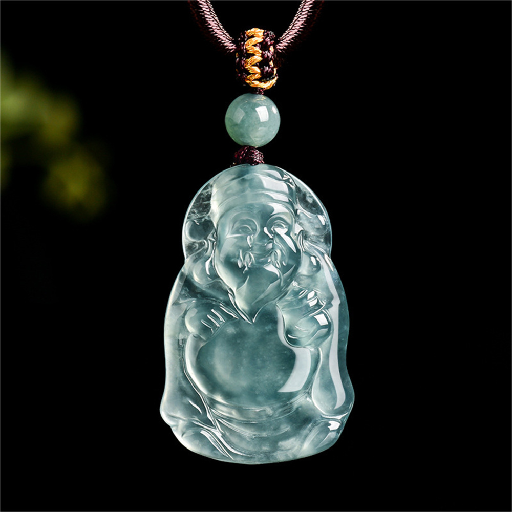 Natural Type A Untreated Icy Blue Watery Guatemalan Jadeite Irregular Pendant With The God of Wealth Carved,Amulet Pendant,DIY Jewelry Supplies