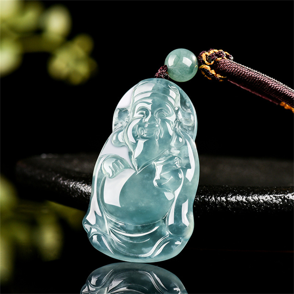 Natural Type A Untreated Icy Blue Watery Guatemalan Jadeite Irregular Pendant With The God of Wealth Carved,Amulet Pendant,DIY Jewelry Supplies