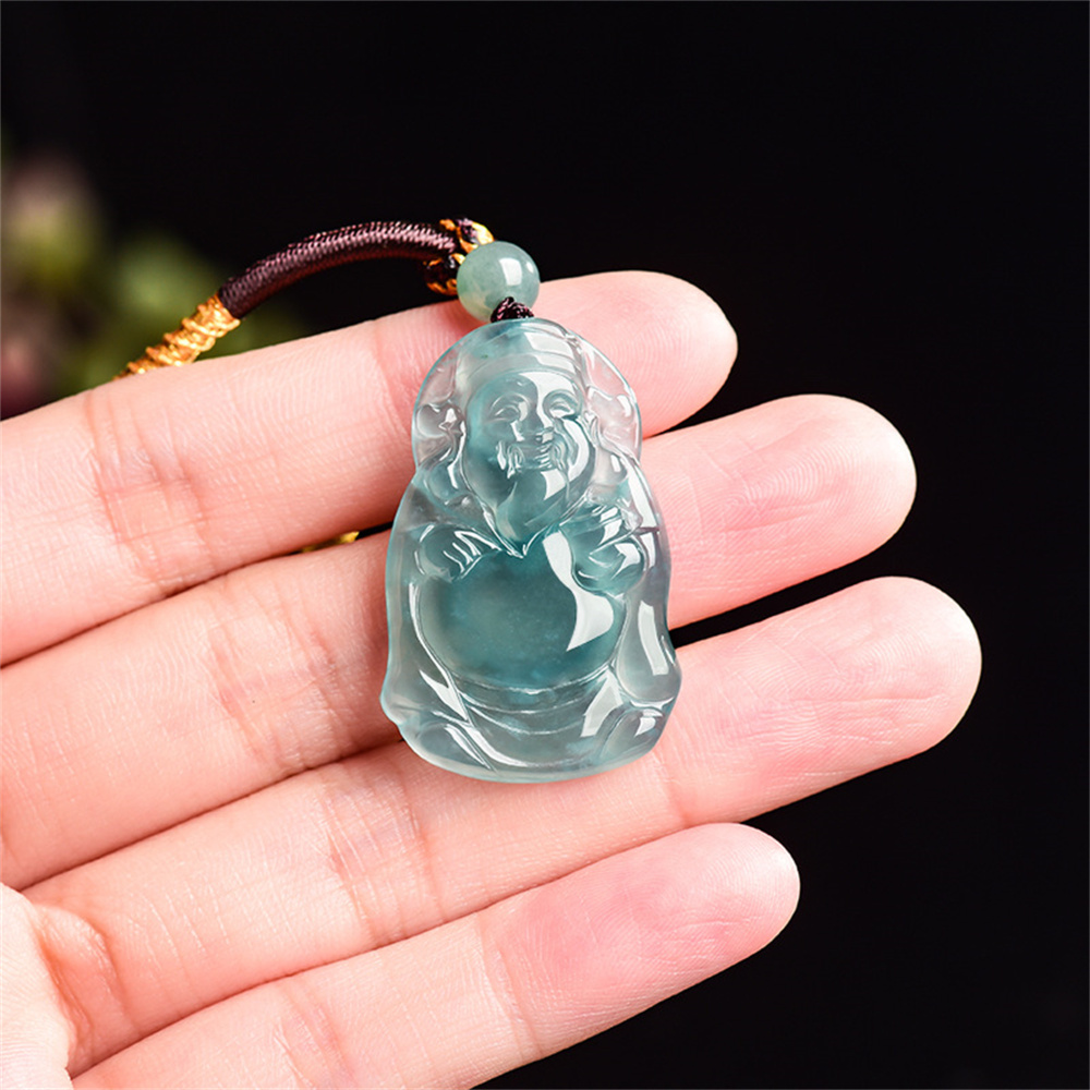 Natural Type A Untreated Icy Blue Watery Guatemalan Jadeite Irregular Pendant With The God of Wealth Carved,Amulet Pendant,DIY Jewelry Supplies