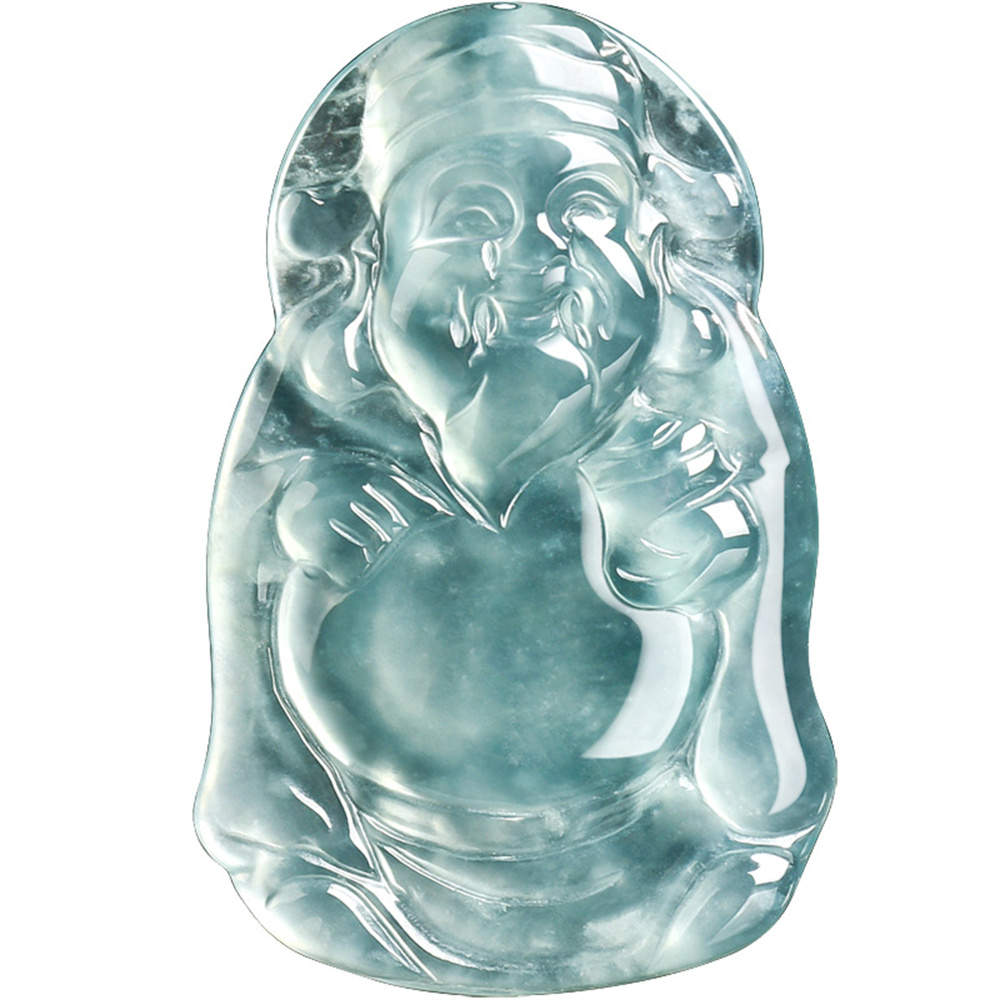 Natural Type A Untreated Icy Blue Watery Guatemalan Jadeite Irregular Pendant With The God of Wealth Carved,Amulet Pendant,DIY Jewelry Supplies