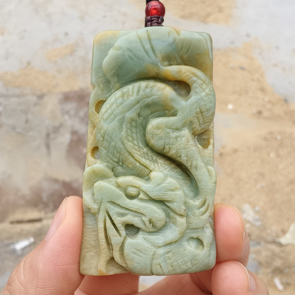 Unique Untreated Natural Serpentine Jade Chinese Xiuyan Jade New Mountain Jade Rectangle Pendant With Dragon Carved,Amulet Pendant,DIY Jewelry Supplies