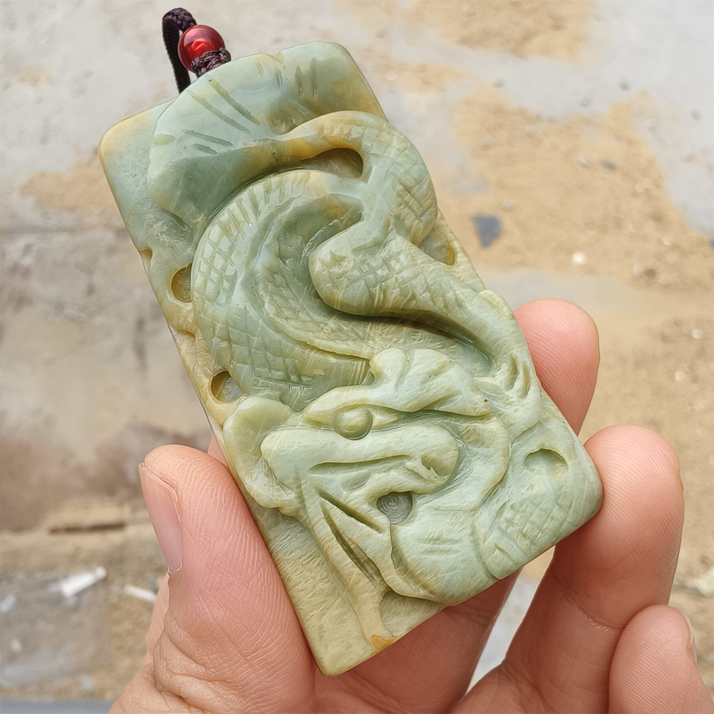 Unique Untreated Natural Serpentine Jade Chinese Xiuyan Jade New Mountain Jade Rectangle Pendant With Dragon Carved,Amulet Pendant,DIY Jewelry Supplies