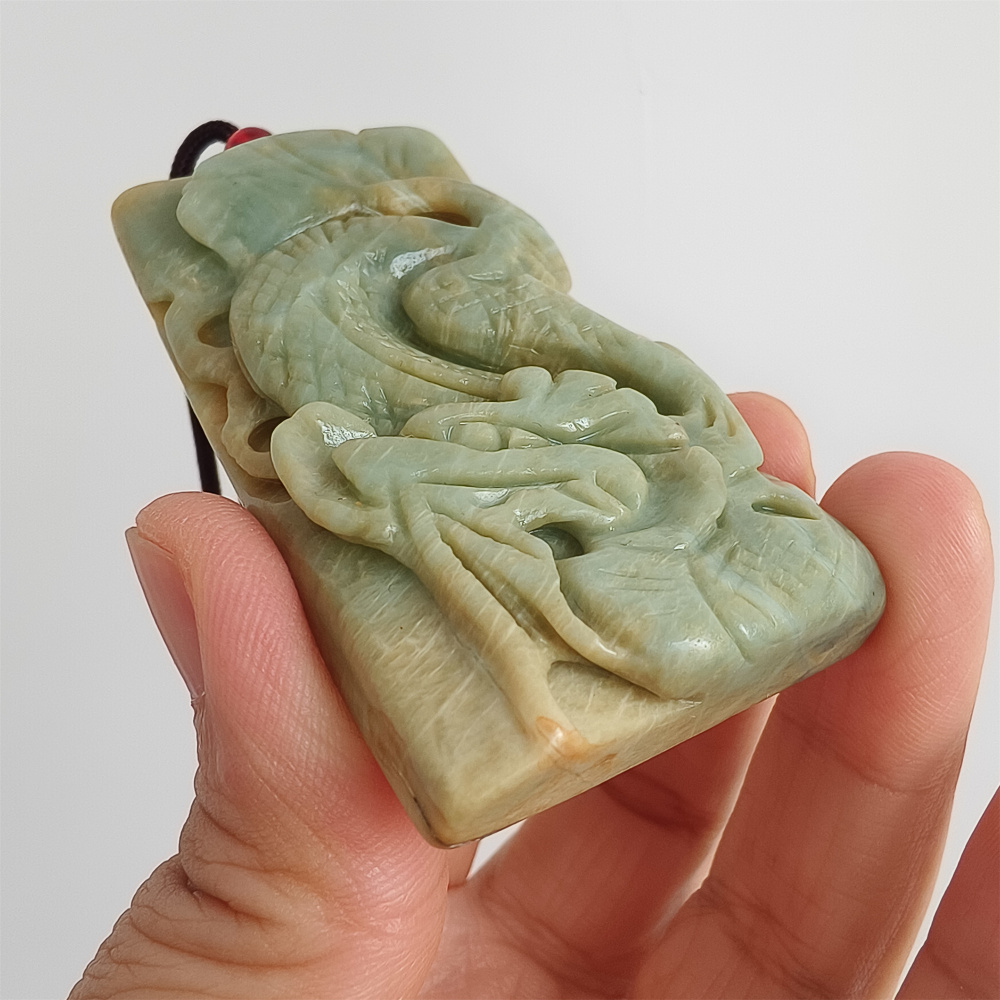 Unique Untreated Natural Serpentine Jade Chinese Xiuyan Jade New Mountain Jade Rectangle Pendant With Dragon Carved,Amulet Pendant,DIY Jewelry Supplies