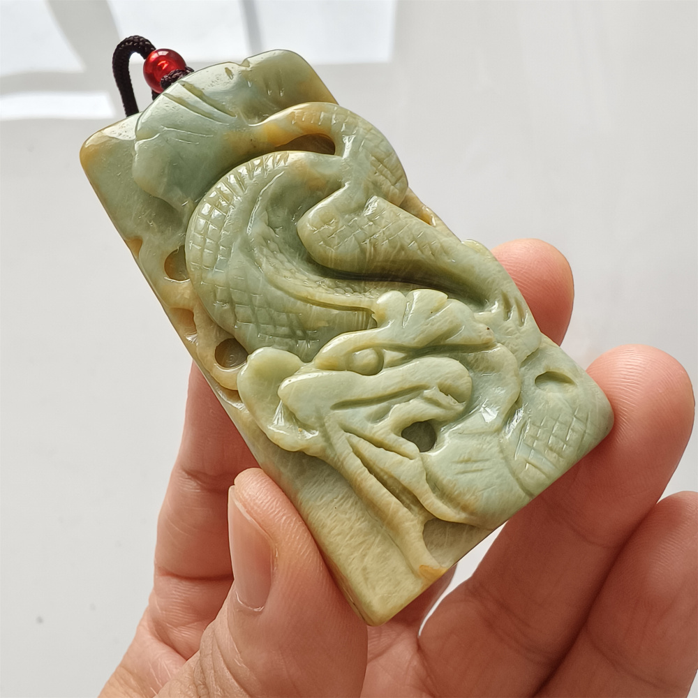 Unique Untreated Natural Serpentine Jade Chinese Xiuyan Jade New Mountain Jade Rectangle Pendant With Dragon Carved,Amulet Pendant,DIY Jewelry Supplies