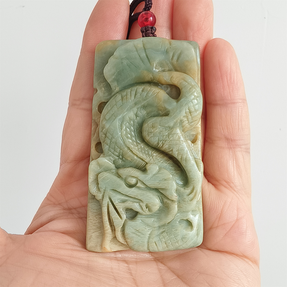 Unique Untreated Natural Serpentine Jade Chinese Xiuyan Jade New Mountain Jade Rectangle Pendant With Dragon Carved,Amulet Pendant,DIY Jewelry Supplies