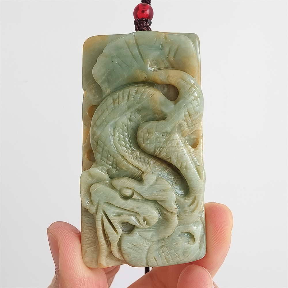 Unique Untreated Natural Serpentine Jade Chinese Xiuyan Jade New Mountain Jade Rectangle Pendant With Dragon Carved,Amulet Pendant,DIY Jewelry Supplies