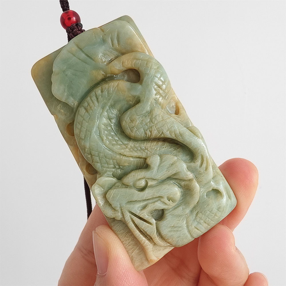 Unique Untreated Natural Serpentine Jade Chinese Xiuyan Jade New Mountain Jade Rectangle Pendant With Dragon Carved,Amulet Pendant,DIY Jewelry Supplies