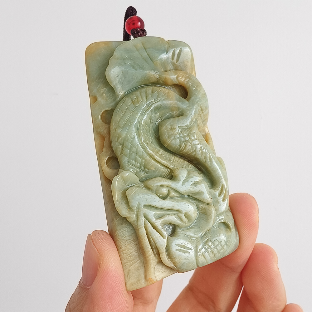 Unique Untreated Natural Serpentine Jade Chinese Xiuyan Jade New Mountain Jade Rectangle Pendant With Dragon Carved,Amulet Pendant,DIY Jewelry Supplies