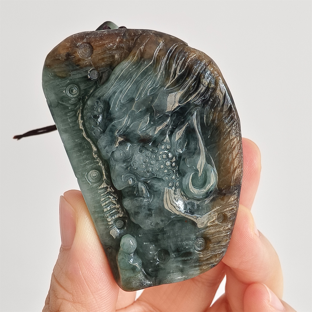 Unique Natural Type A Untreated Blue Yellow Waxy Burmese Jadeite Irregular Pendant With Mythical Beast And 悟道,DIY Jewelry Supplies