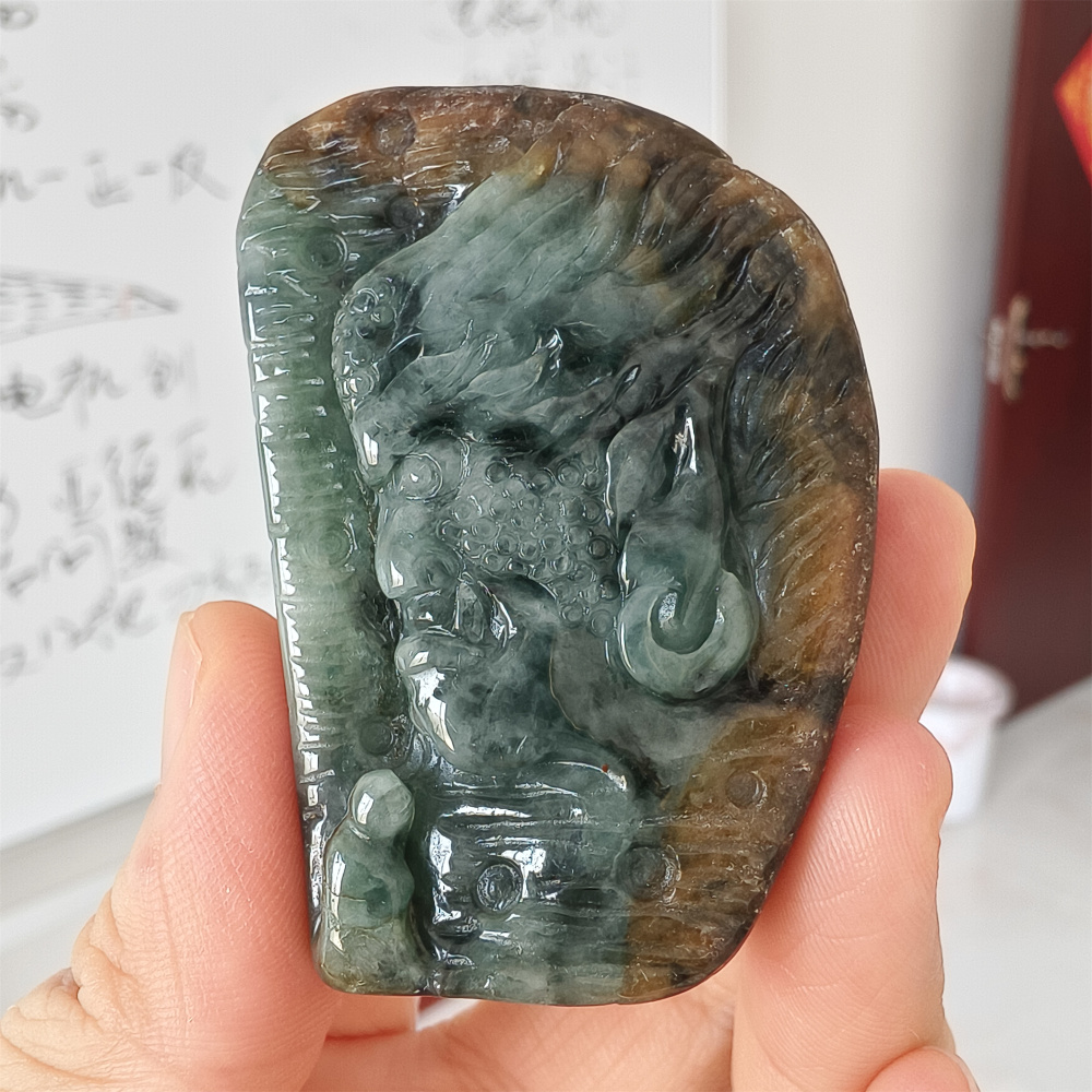 Unique Natural Type A Untreated Blue Yellow Waxy Burmese Jadeite Irregular Pendant With Mythical Beast And 悟道,DIY Jewelry Supplies