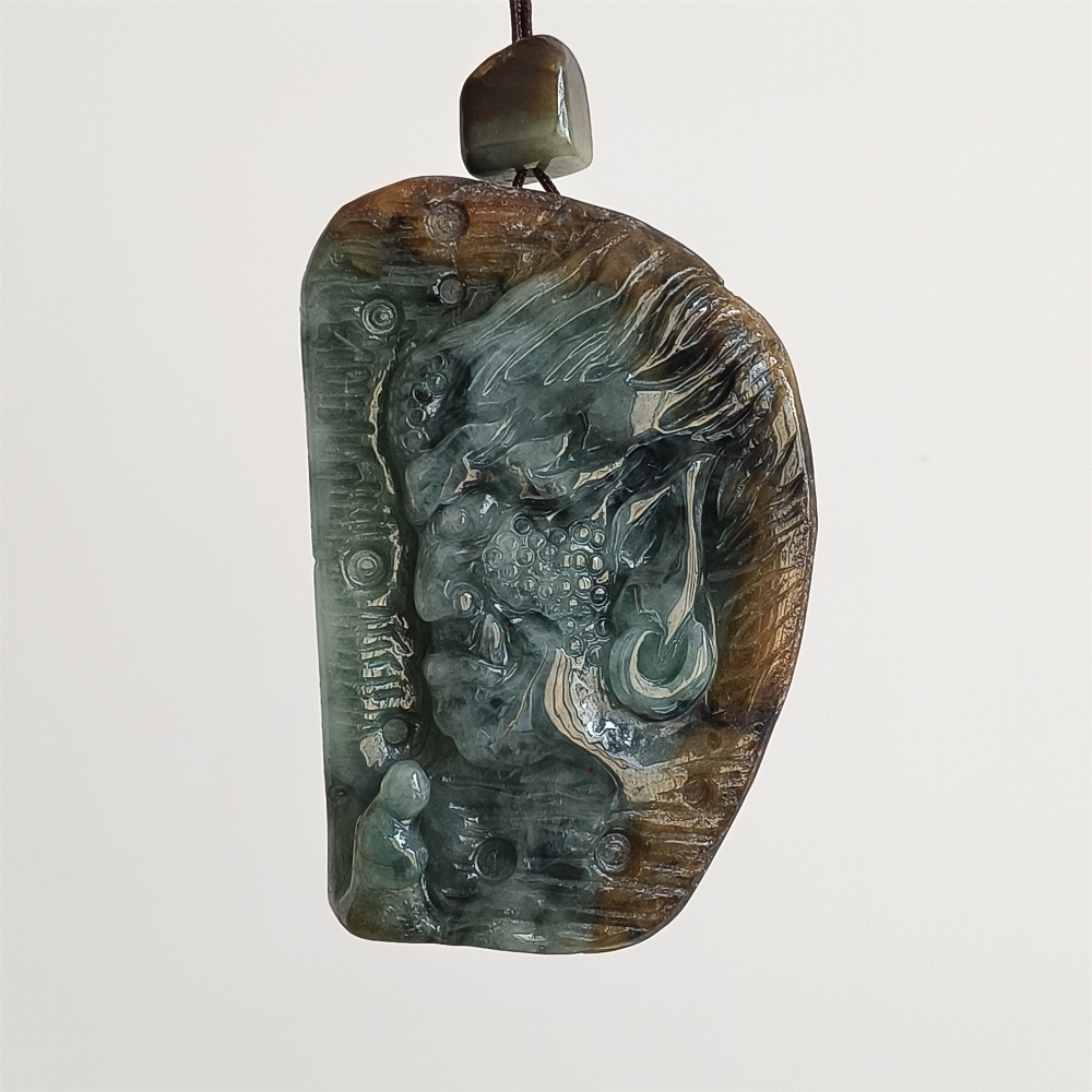 Unique Natural Type A Untreated Blue Yellow Waxy Burmese Jadeite Irregular Pendant With Mythical Beast And 悟道,DIY Jewelry Supplies