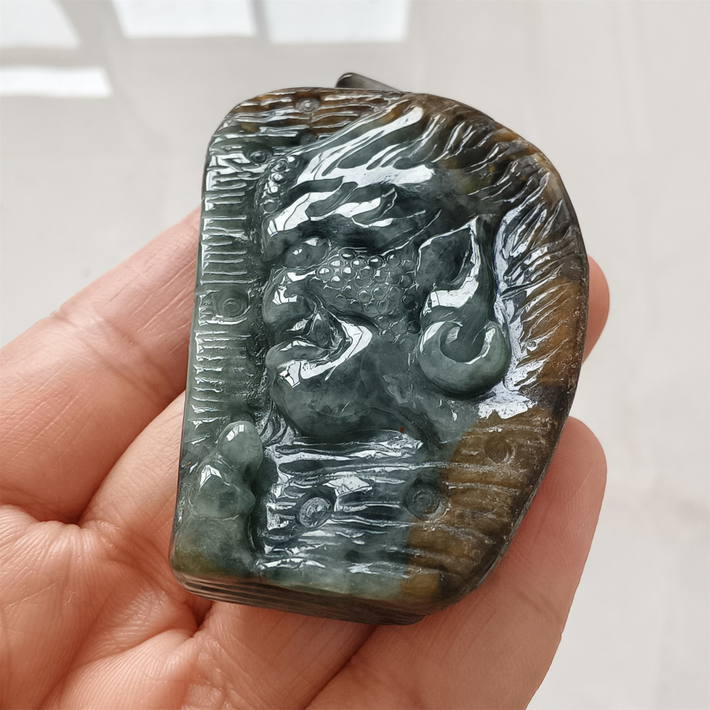 Unique Natural Type A Untreated Blue Yellow Waxy Burmese Jadeite Irregular Pendant With Mythical Beast And 悟道,DIY Jewelry Supplies