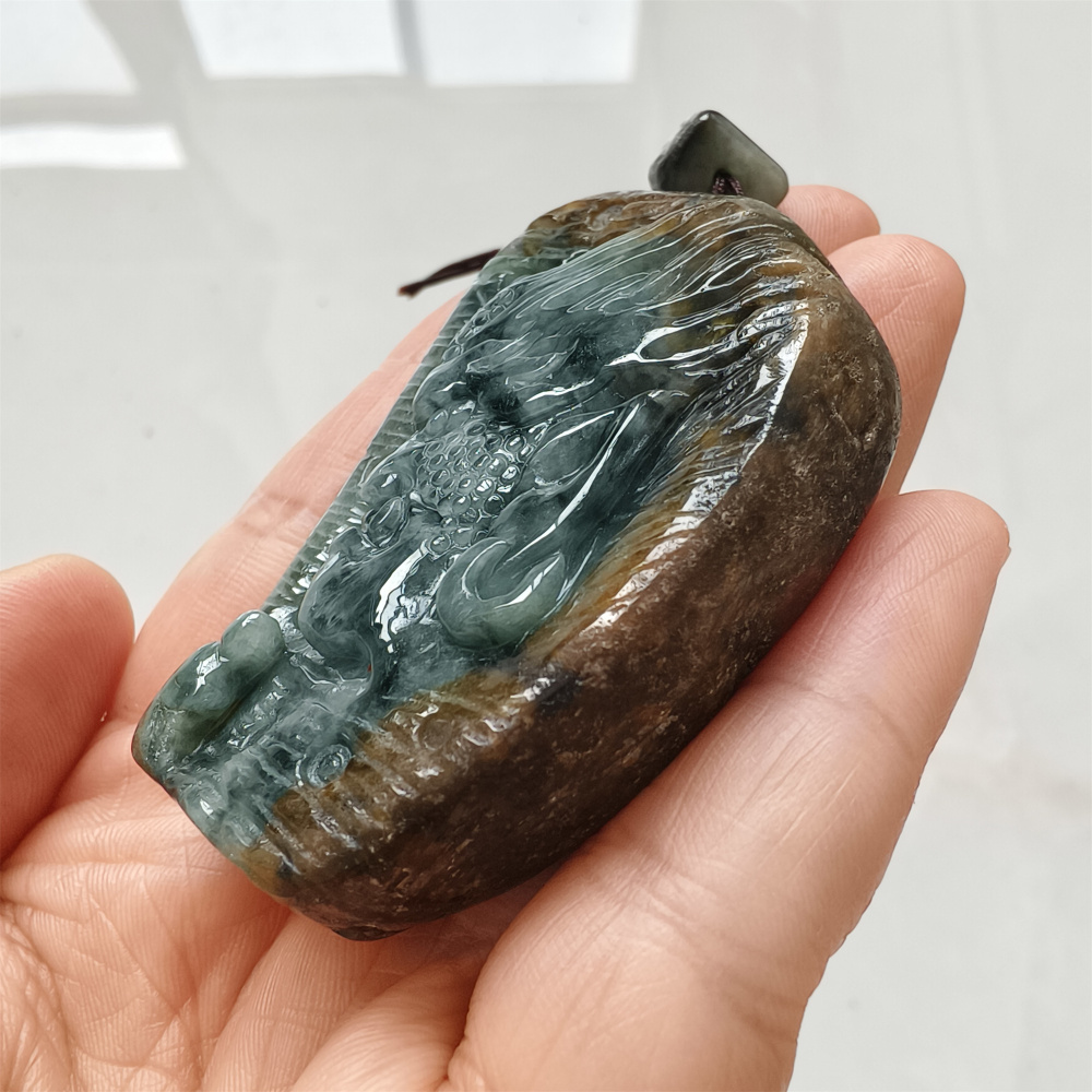 Unique Natural Type A Untreated Blue Yellow Waxy Burmese Jadeite Irregular Pendant With Mythical Beast And 悟道,DIY Jewelry Supplies