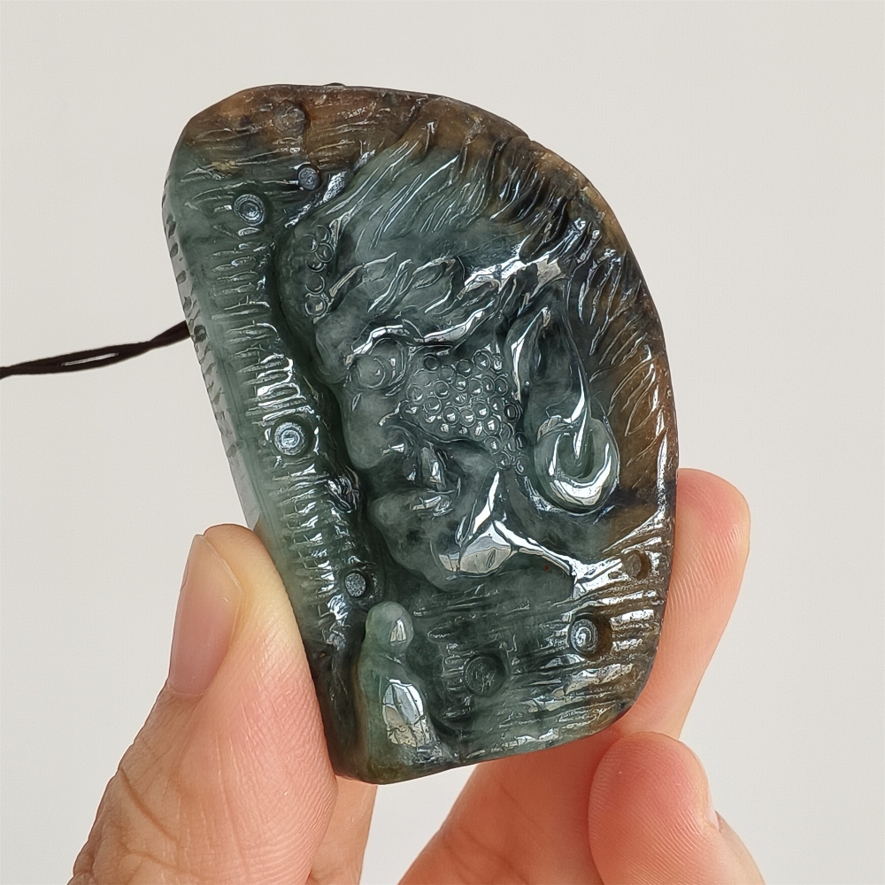 Unique Natural Type A Untreated Blue Yellow Waxy Burmese Jadeite Irregular Pendant With Mythical Beast And 悟道,DIY Jewelry Supplies