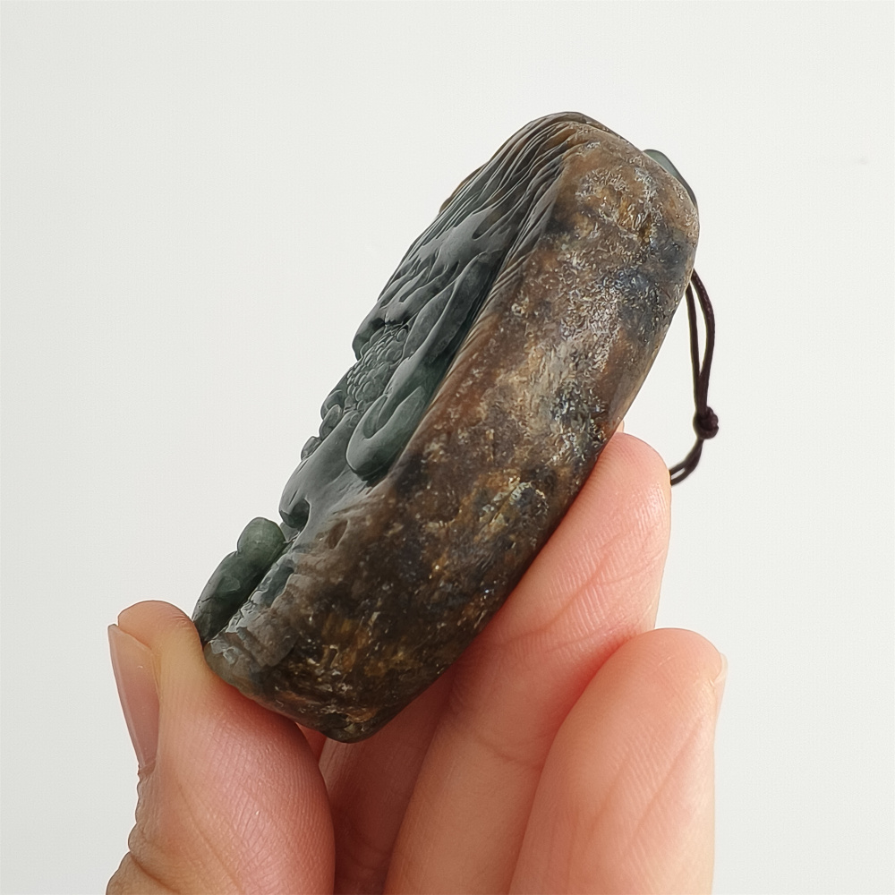 Unique Natural Type A Untreated Blue Yellow Waxy Burmese Jadeite Irregular Pendant With Mythical Beast And 悟道,DIY Jewelry Supplies