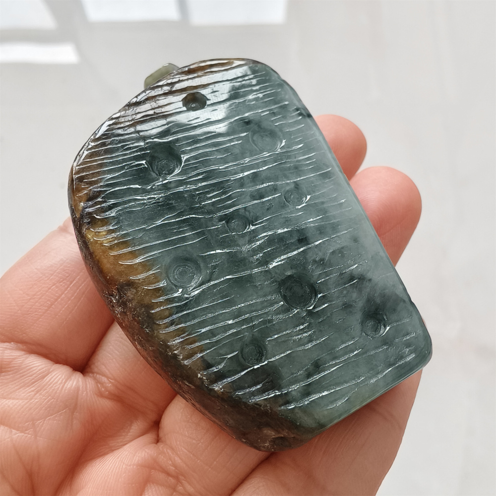 Unique Natural Type A Untreated Blue Yellow Waxy Burmese Jadeite Irregular Pendant With Mythical Beast And 悟道,DIY Jewelry Supplies