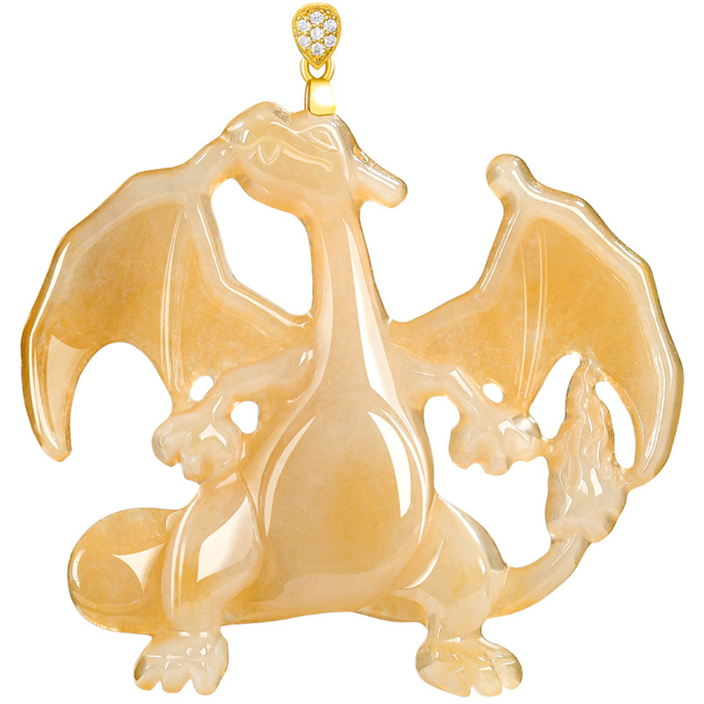 Natural Color Heated Hand Carved Yellow Burmese Jadeite Charizard Pendant,Fire Breathing Dragon,Watery Burma Jadeite Loose Pendants,DIY Jewelry Supplies