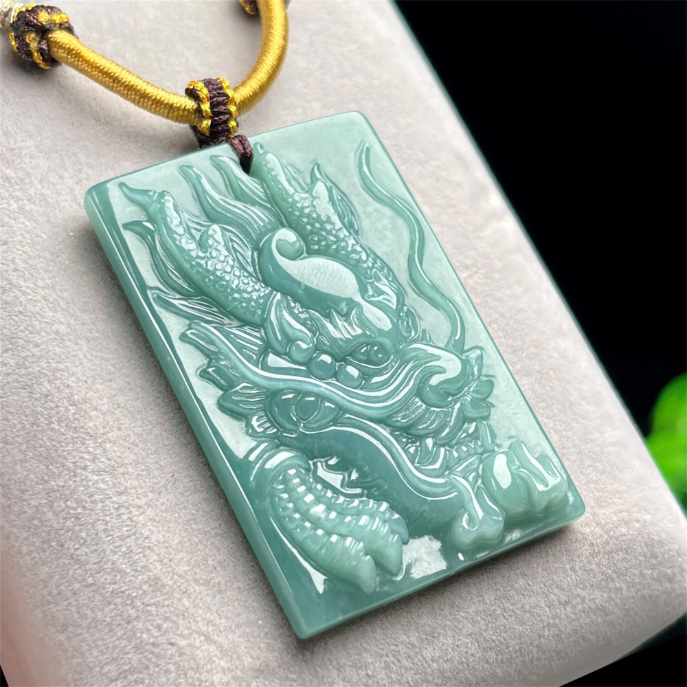 Natural Type A Untreated Blue Watery Guatemalan Jadeite Rectangle Pendant With Dragon Carved,Guatemala Jadeite Amulet Pendant,DIY Jewelry Supplies