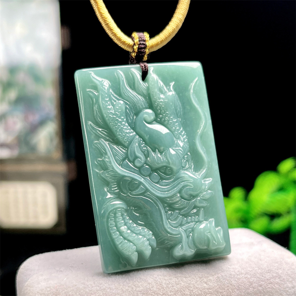 Natural Type A Untreated Blue Watery Guatemalan Jadeite Rectangle Pendant With Dragon Carved,Guatemala Jadeite Amulet Pendant,DIY Jewelry Supplies
