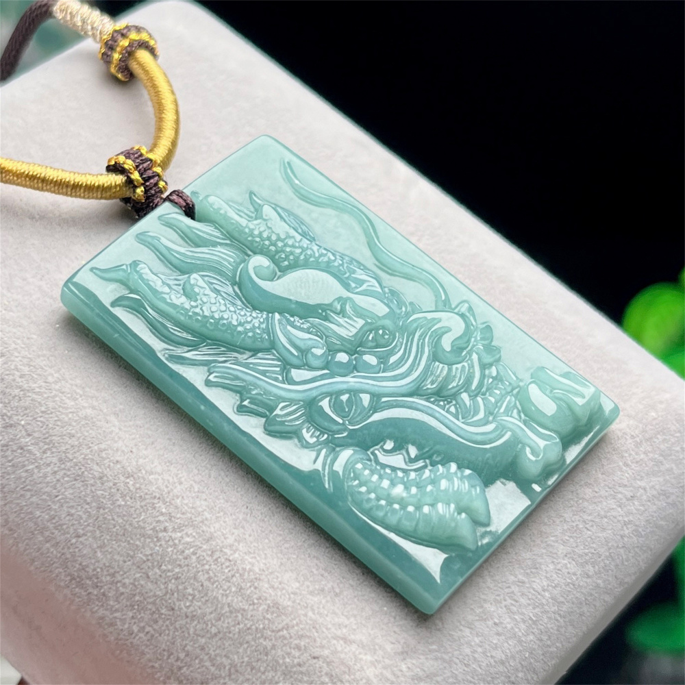 Natural Type A Untreated Blue Watery Guatemalan Jadeite Rectangle Pendant With Dragon Carved,Guatemala Jadeite Amulet Pendant,DIY Jewelry Supplies