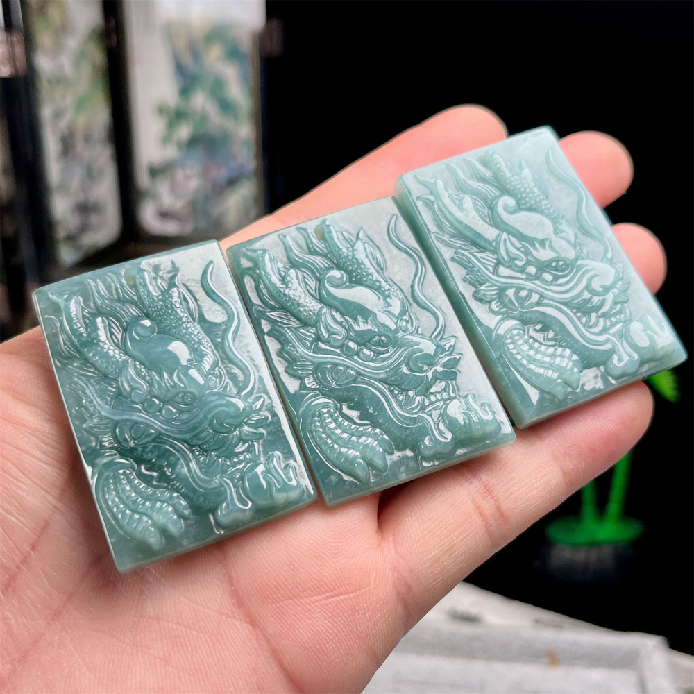 Natural Type A Untreated Blue Watery Guatemalan Jadeite Rectangle Pendant With Dragon Carved,Guatemala Jadeite Amulet Pendant,DIY Jewelry Supplies