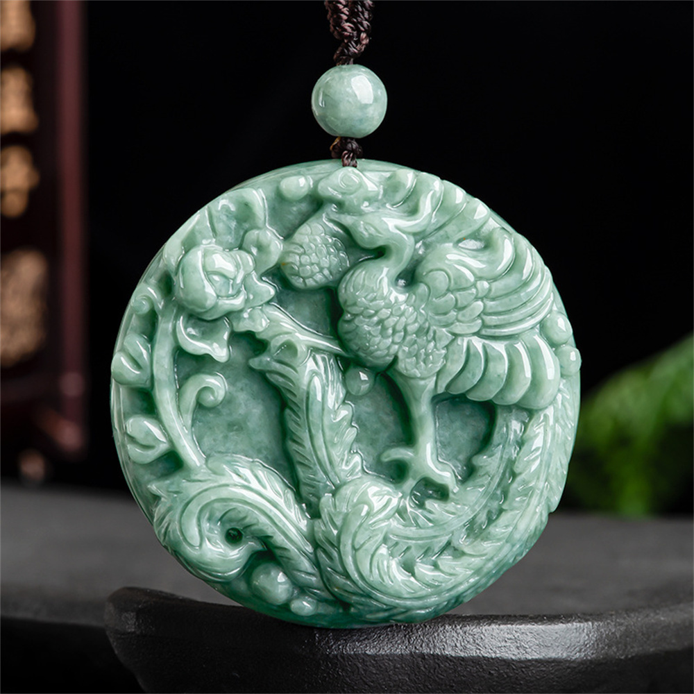 Natural Type A Untreated Bean Green Watery Burmese Jadeite Round Pendant With Phoenix And Peony Carved,Green Jadeite Pendant,DIY Jewelry Supplies