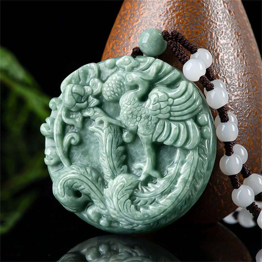 Natural Type A Untreated Bean Green Watery Burmese Jadeite Round Pendant With Phoenix And Peony Carved,Green Jadeite Pendant,DIY Jewelry Supplies