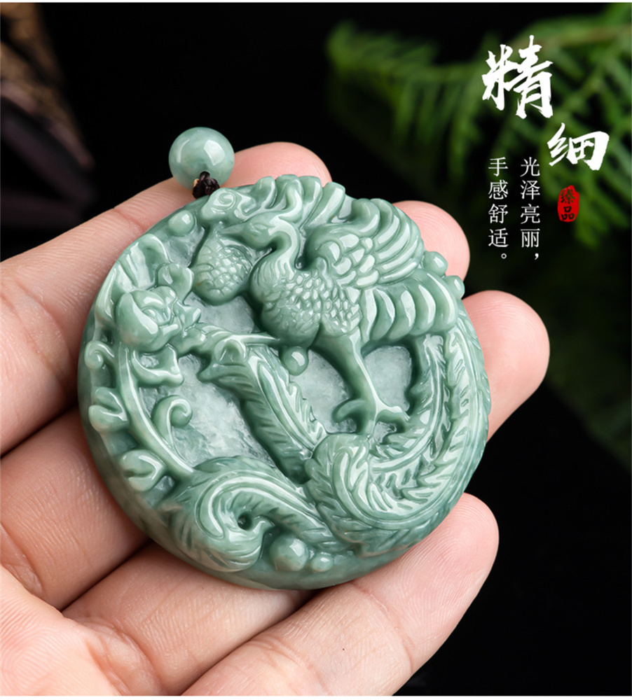 Natural Type A Untreated Bean Green Watery Burmese Jadeite Round Pendant With Phoenix And Peony Carved,Green Jadeite Pendant,DIY Jewelry Supplies