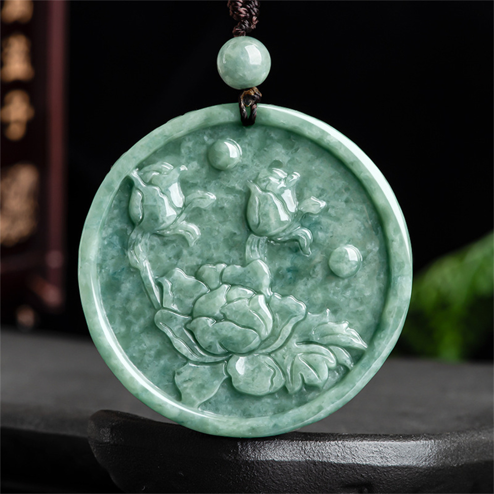 Natural Type A Untreated Bean Green Watery Burmese Jadeite Round Pendant With Phoenix And Peony Carved,Green Jadeite Pendant,DIY Jewelry Supplies