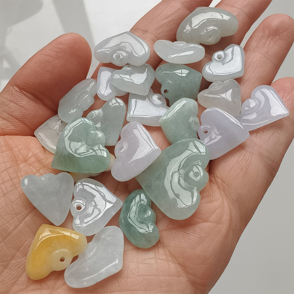 6pcs Natural Type A Green White With Yellow Icy Waxy Burmese Jadeite Heart Shaped Pendant,Burma Jadeite Loose Pendant,DIY Jewelry Supplies