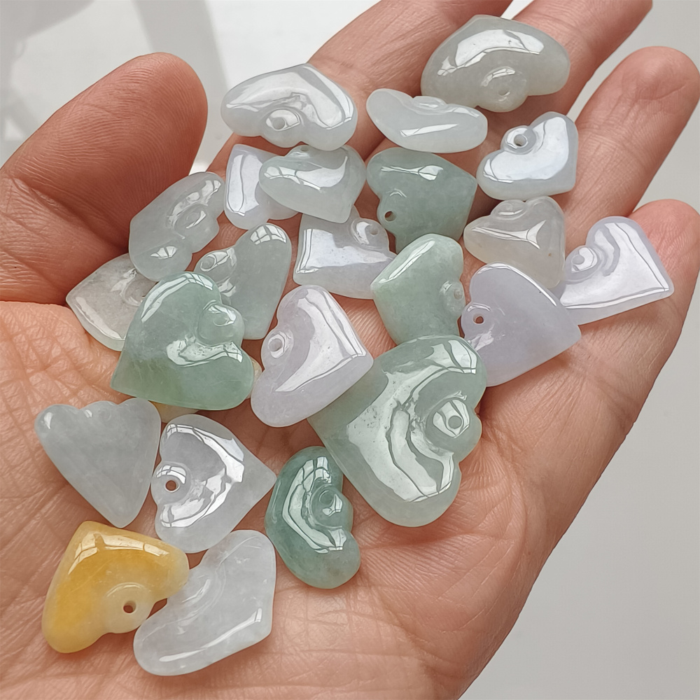 6pcs Natural Type A Green White With Yellow Icy Waxy Burmese Jadeite Heart Shaped Pendant,Burma Jadeite Loose Pendant,DIY Jewelry Supplies