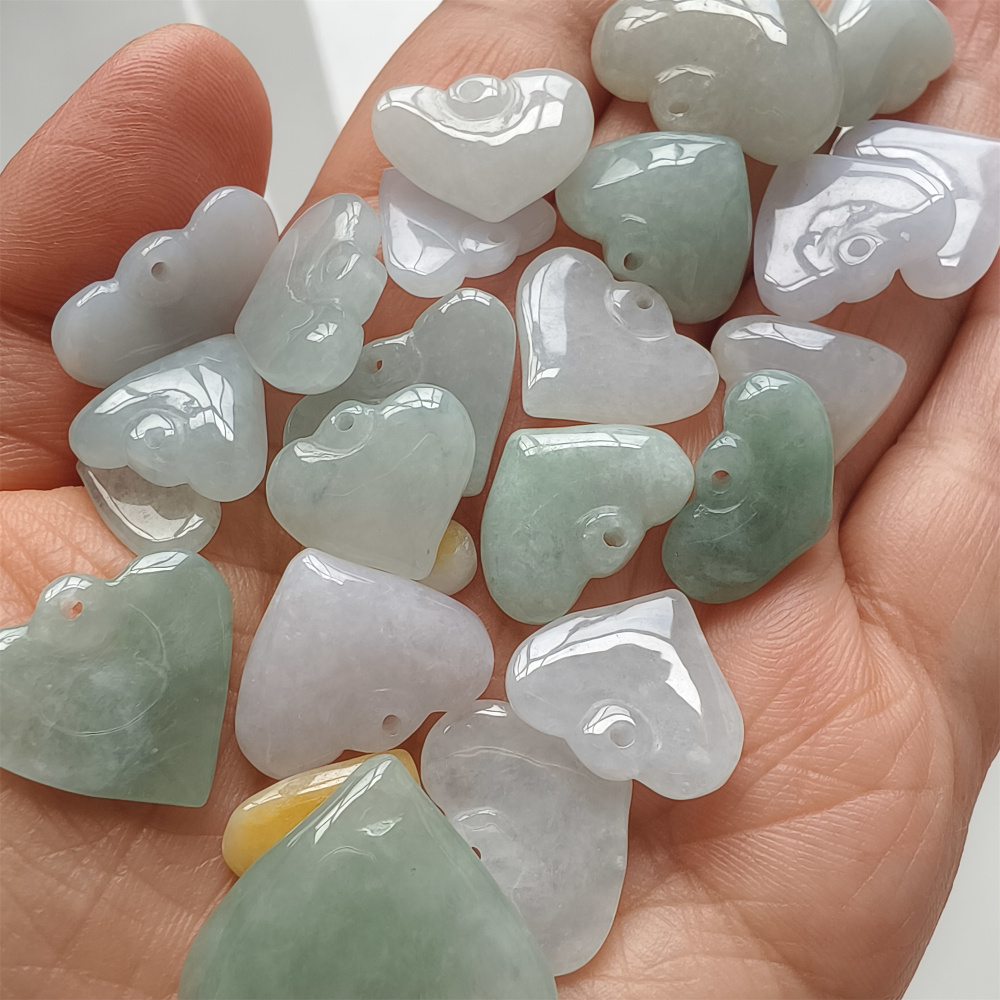 6pcs Natural Type A Green White With Yellow Icy Waxy Burmese Jadeite Heart Shaped Pendant,Burma Jadeite Loose Pendant,DIY Jewelry Supplies