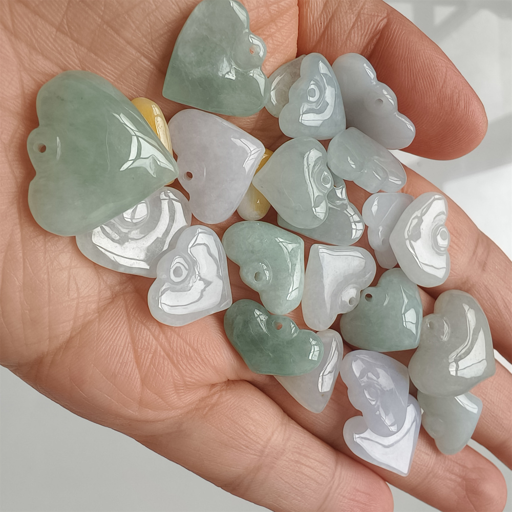 6pcs Natural Type A Green White With Yellow Icy Waxy Burmese Jadeite Heart Shaped Pendant,Burma Jadeite Loose Pendant,DIY Jewelry Supplies